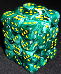 36 Malachite Green w/ yellow Vortex 12mm D6 Dice Block